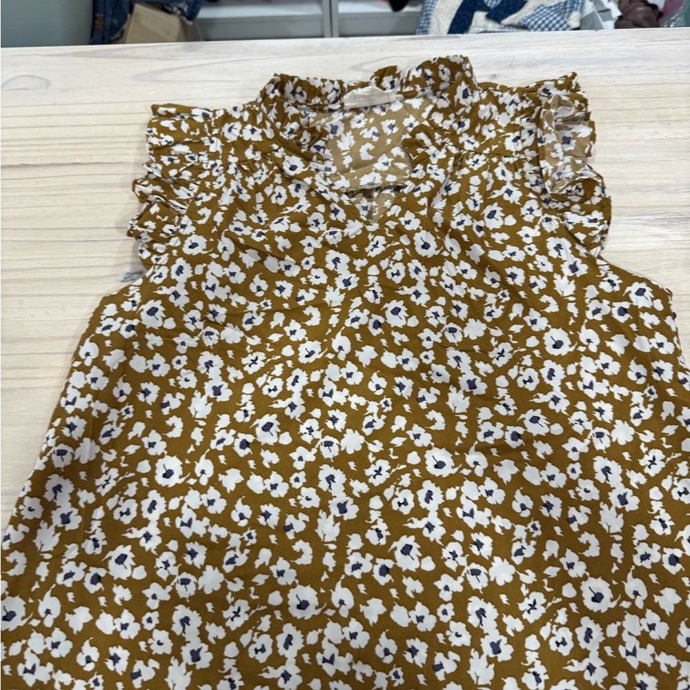 Ruffle-Trim Floral Sleeveless Blouse in Mustard